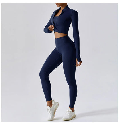 3PCS Women’s Yoga & Workout Set – Long Sleeve Zipper Top with High Waist Leggings Fitness Sportswear