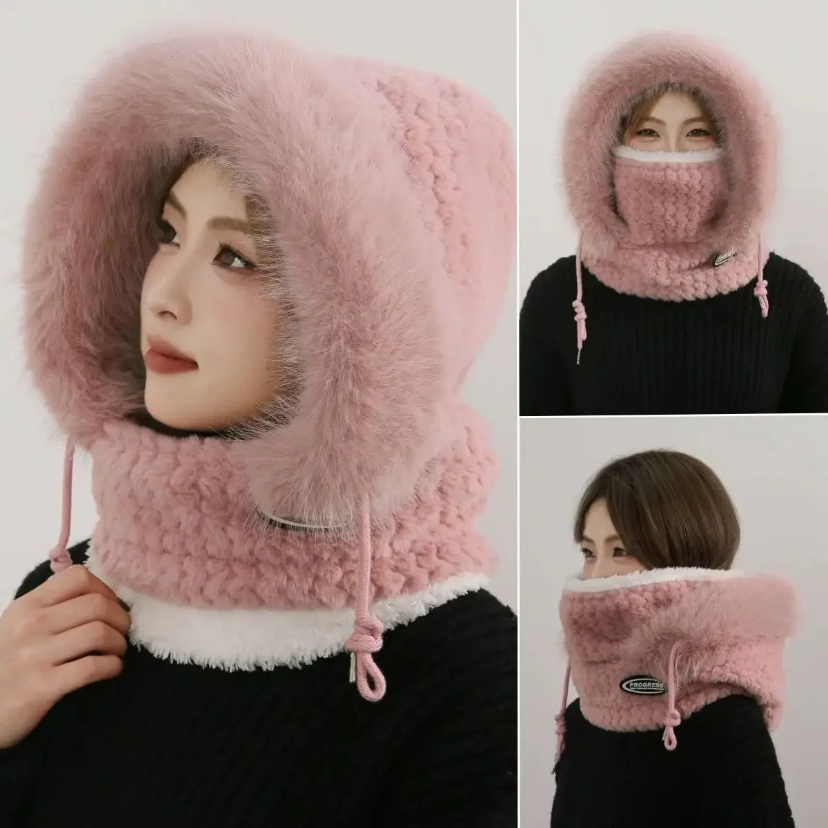 Women’s Winter Plush Hat with Hood & Scarf – Warm Thick Windproof Thermal Cap with Ear Protection for Outdoor Cycling & Riding
