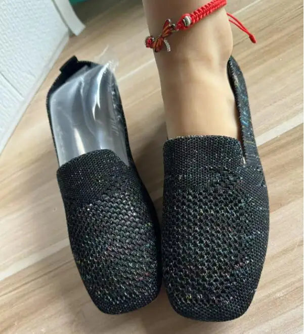 Solid Color Square Toe Mesh Loafers – Women’s Casual Slip-On Ballet Flats, Soft Bottom Knit Boat Shoes