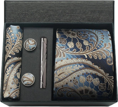 100% Silk Men’s Necktie Set with Paisley Floral Design, Business Tie with Pocket Square, Tie Clip & Cufflinks Gift Box Set for Men