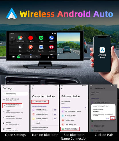 7"/10.26" 4K Dash Cam — Car DVR with Wireless CarPlay, Android Auto, 350° Rotating Lens, GPS & Bluetooth