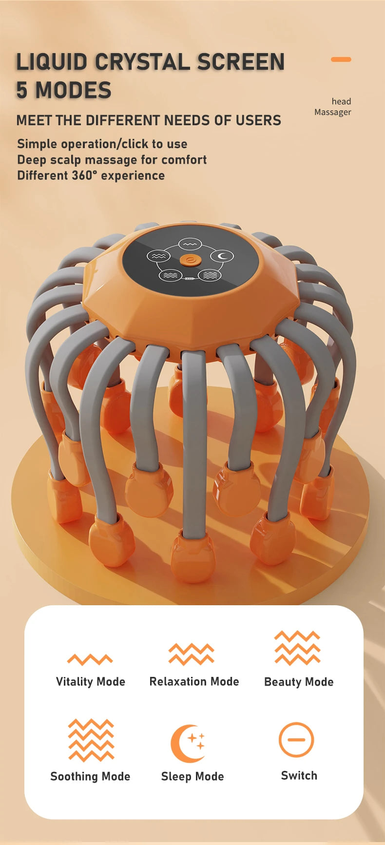 20-Head Orange Scalp Massager – Red Light Vibrating Octopus Scratcher for Relaxation, Stress Relief & Migraine Relief