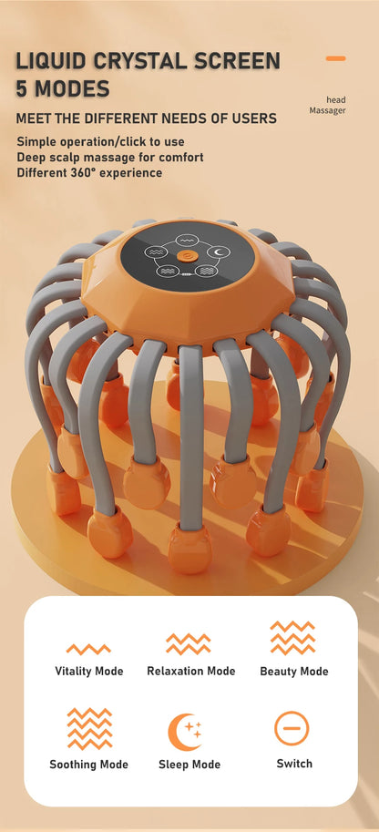 20-Head Orange Scalp Massager – Red Light Vibrating Octopus Scratcher for Relaxation, Stress Relief & Migraine Relief