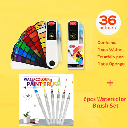 18–42 Color Solid Watercolor Set – Foldable Travel Paint Kit with Water Brush Pen & Fan-Shaped Art Painting Tools