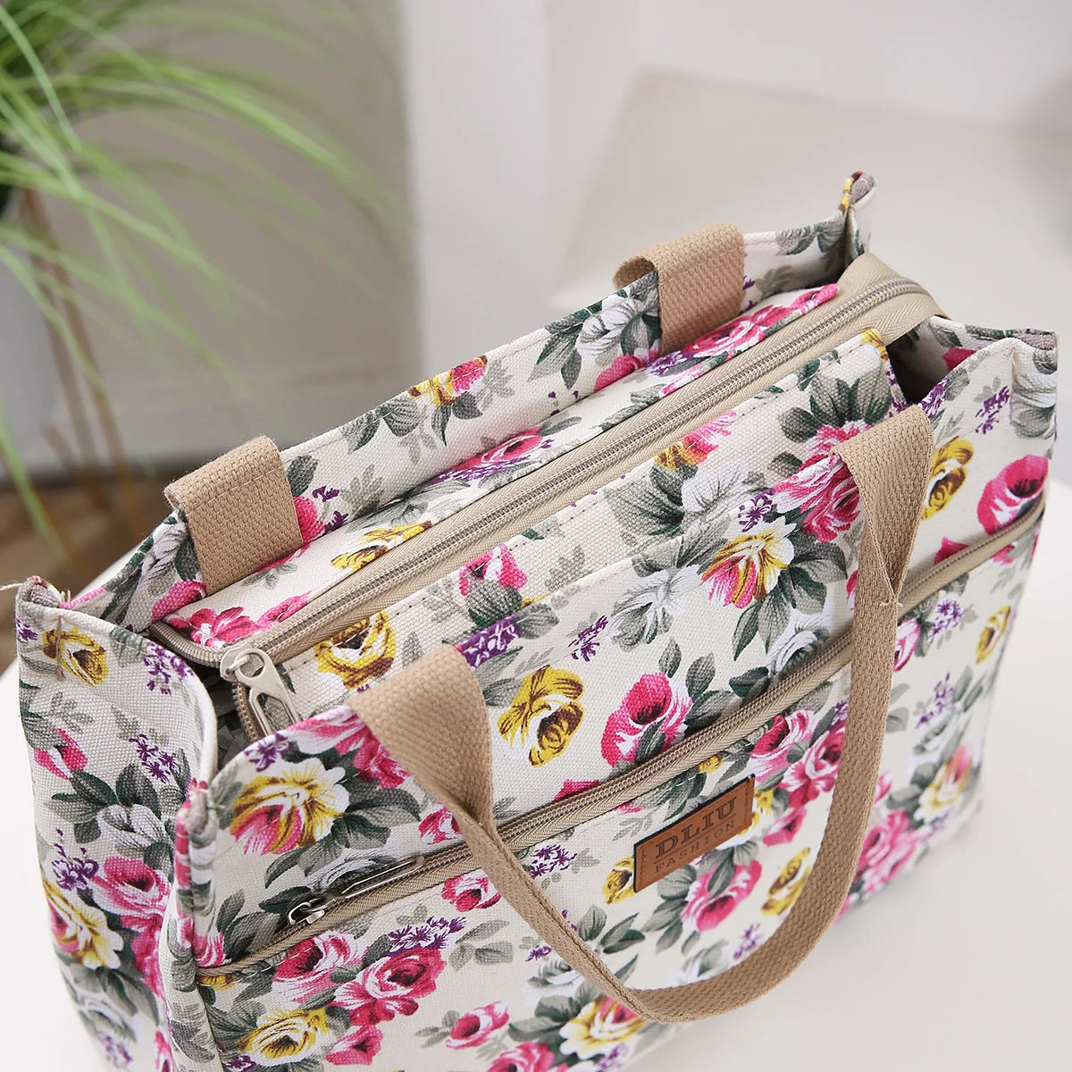 Women’s Floral Print Canvas Tote Bag – Portable Lunch Bag Casual Handbag Bento Mommy Bag for Picnic & Travel