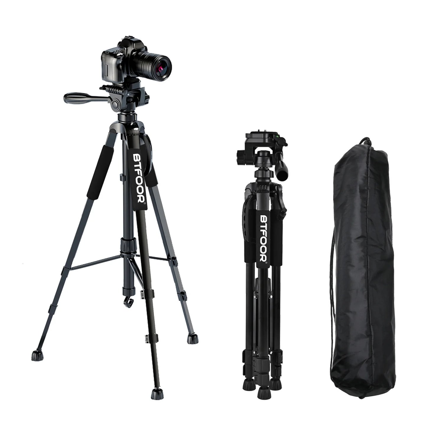 55" Aluminum Phone & Camera Tripod – 140CM Tall Travel Stand with Quick Release Plate & Pan Head for Canon Nikon DSLR SLR