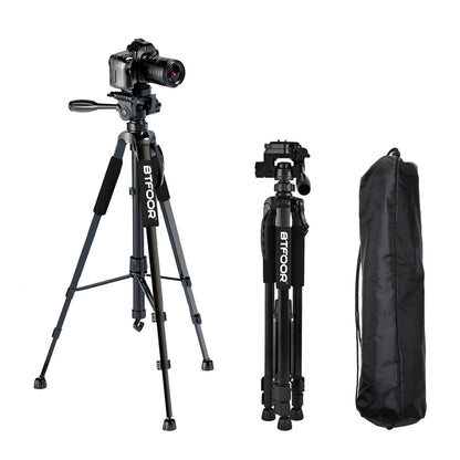 55" Aluminum Phone & Camera Tripod – 140CM Tall Travel Stand with Quick Release Plate & Pan Head for Canon Nikon DSLR SLR