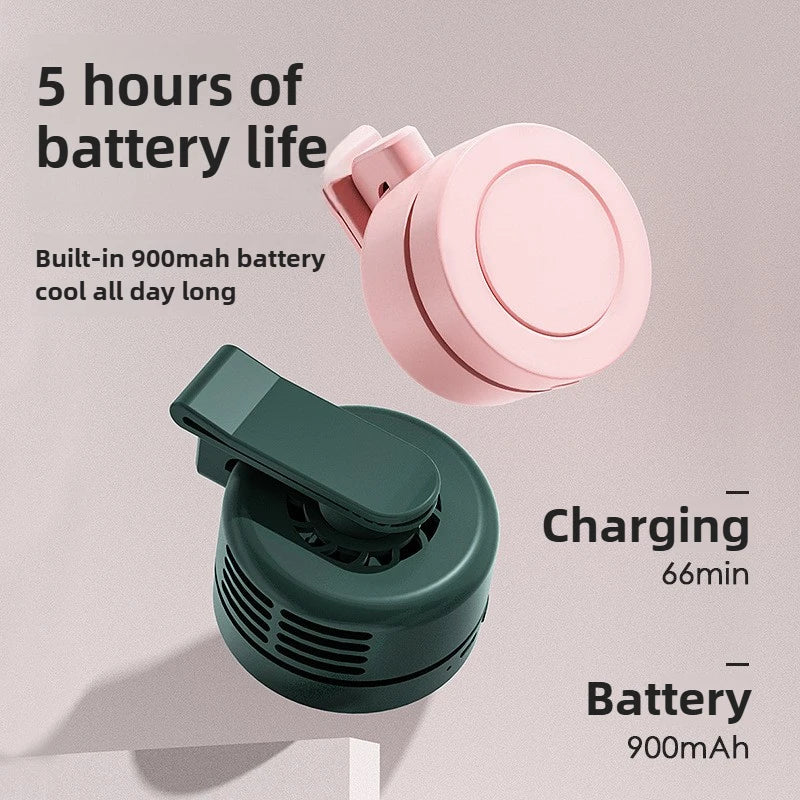 Mini Clip-On Hanging Waist & Neck Fan – Portable Leafless Electric Cooling Fan for Girls, 900mAh USB Rechargeable, 3-Speed Personal Air Cooler for Outdoor Use