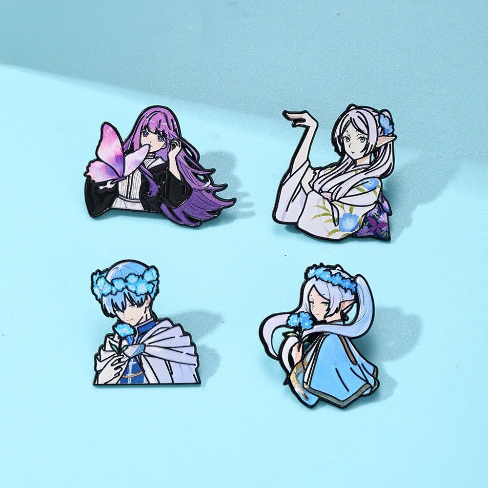 4-Piece Frieren: Beyond Journey’s End Enamel Pin Set - Anime Brooches Featuring Frieren, Fern & Stark for Backpacks & Gifts