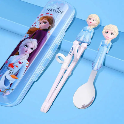 Disney Kids Tableware Set — Lightning McQueen, Mickey, Minnie, Stitch & Princess Elsa Training Chopsticks and Spoons