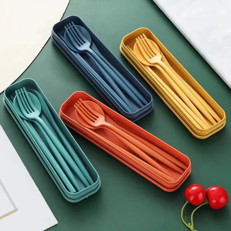 4-Piece Portable Utensils Set - Eco-Friendly Wheat Straw Cutlery - Reusable Chopsticks, Fork, Knife, Spoon