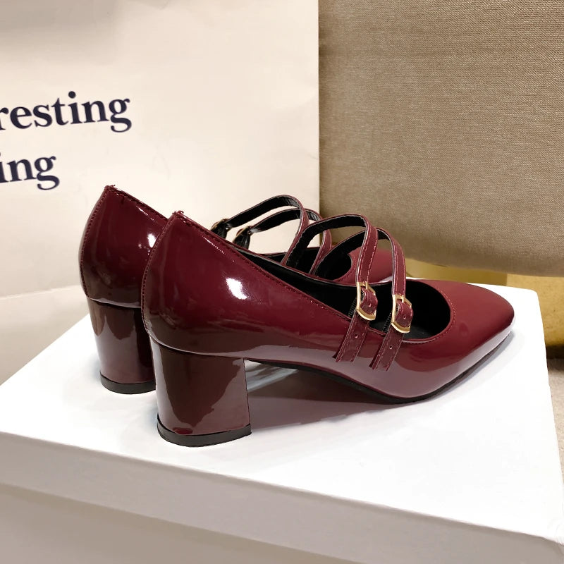 Elegant Women’s Mary Jane Chunky Heels – Square Toe Patent Leather Pumps with Double Ankle Strap