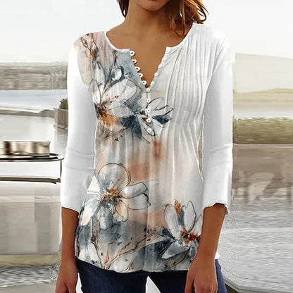 2024 Trendy 3D Printed Women’s Blouse Shirt – V Neck Button-Up 3/4 Sleeve Elegant Spring Summer Fashion Top