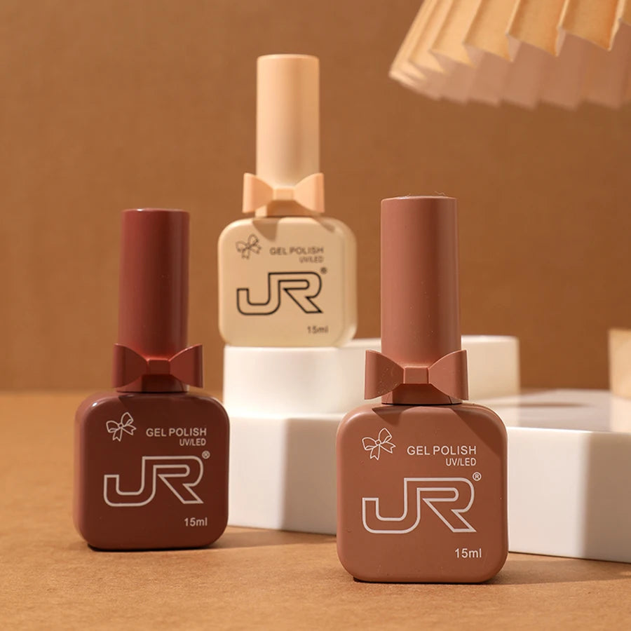 JR 9pcs Gel Nail Polish Set 15ml – Red, Pink, Nude UV LED Soak-Off Kit with Top & Base Coat for DIY Manicure & Gifts