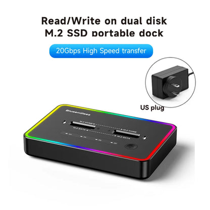 Blueendless M.2 SSD Dual Protocol Docking Station – 2-Bay PCIe NVMe Enclosure with Type-C, 10Gbps, RGB Light