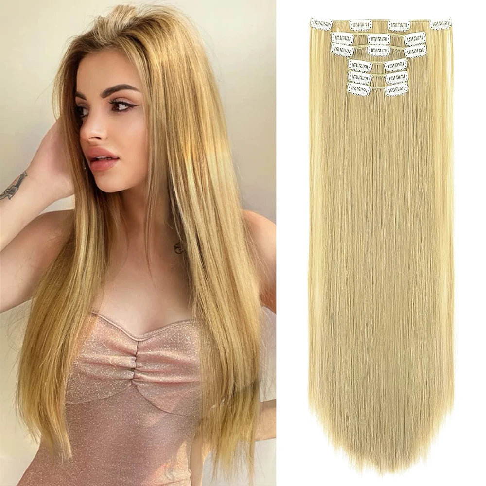 Black Hair Extensions: 24"/60cm 140g 6pcs/set Women's Long Straight Synthetic Full Head Clip - 16 Clips, Ombre, Heat-Resistant Fiber