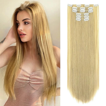 Black Hair Extensions: 24"/60cm 140g 6pcs/set Women's Long Straight Synthetic Full Head Clip - 16 Clips, Ombre, Heat-Resistant Fiber