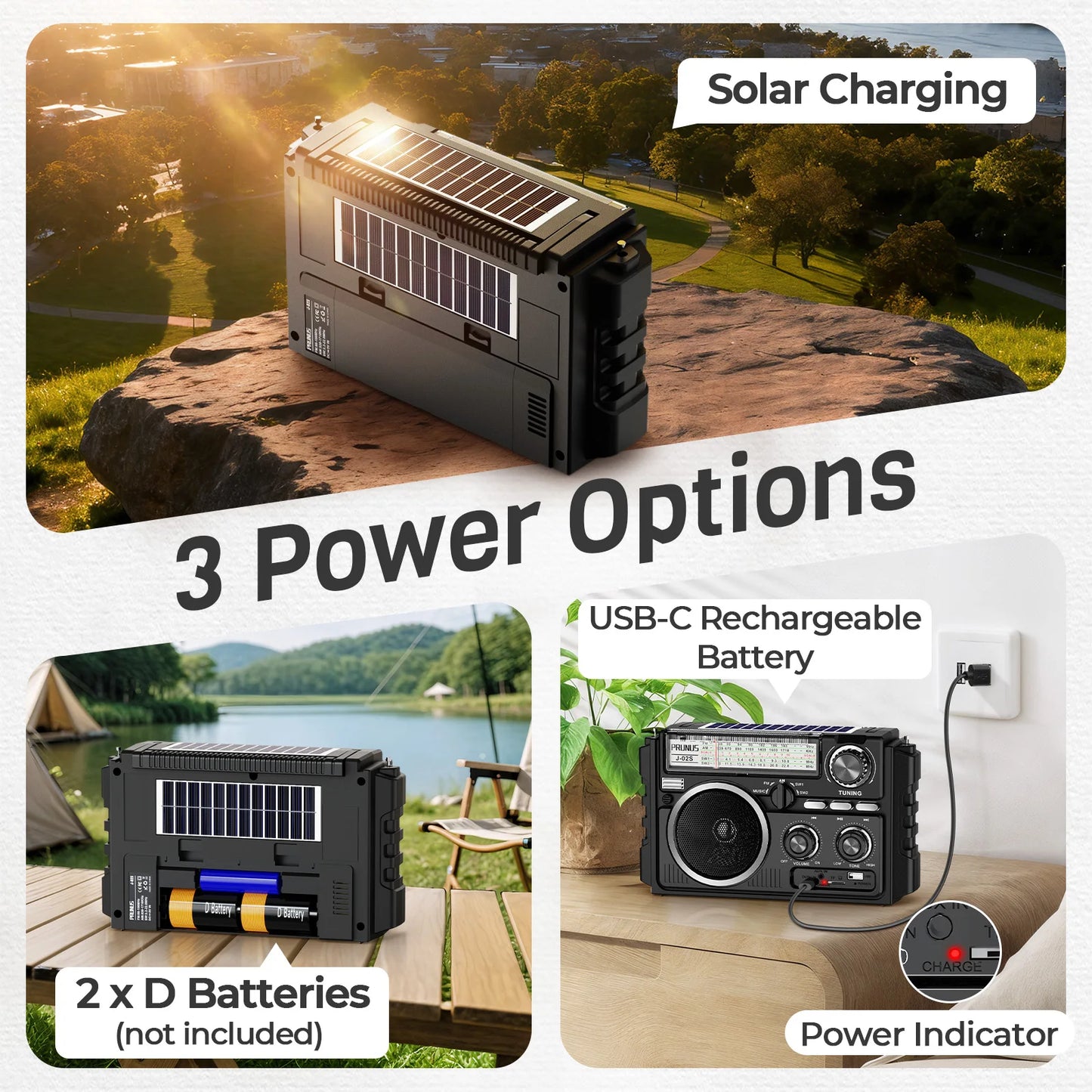 J-02S Portable AM/FM/SW Radio – Dual Antenna Solar Rechargeable 1800mAh Battery, Bluetooth Music Player for Outdoor Emergency Use