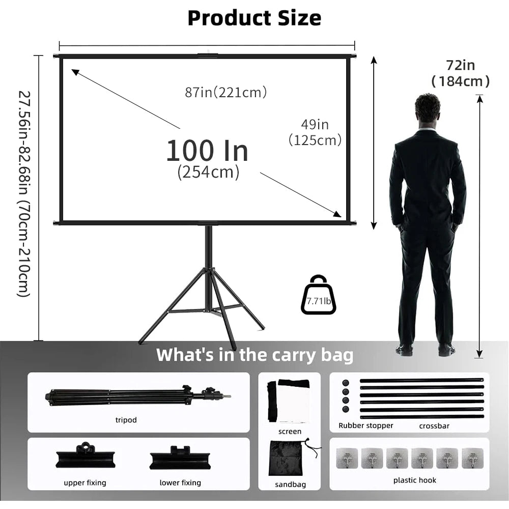 Foldable 16:9 Projector Screen with Stand – Wrinkle-Free 60–120" Portable Home Theater Indoor/Outdoor Screen