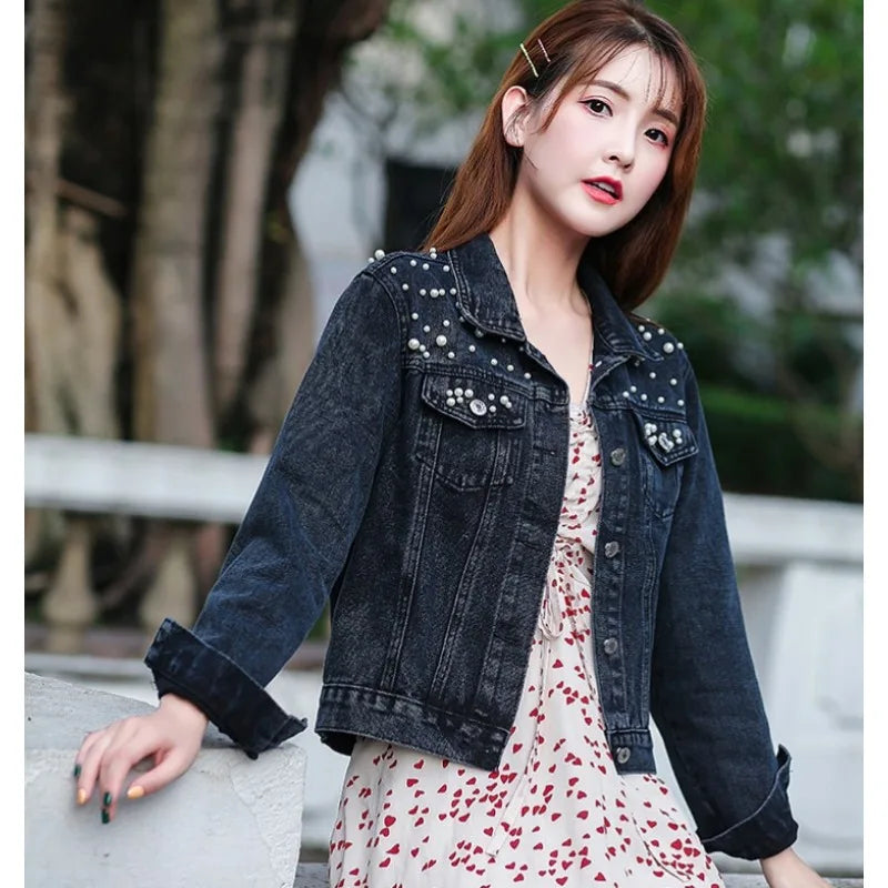 2024 Women's Short Denim Jacket – Beaded Pearl Design, Loose Fit for Spring & Autumn, New Denim Jacket
