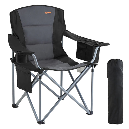 Camping Folding Chair — Portable Padded Armchair with Lumbar Support & Side Pockets for Beach, Lawn, Picnic