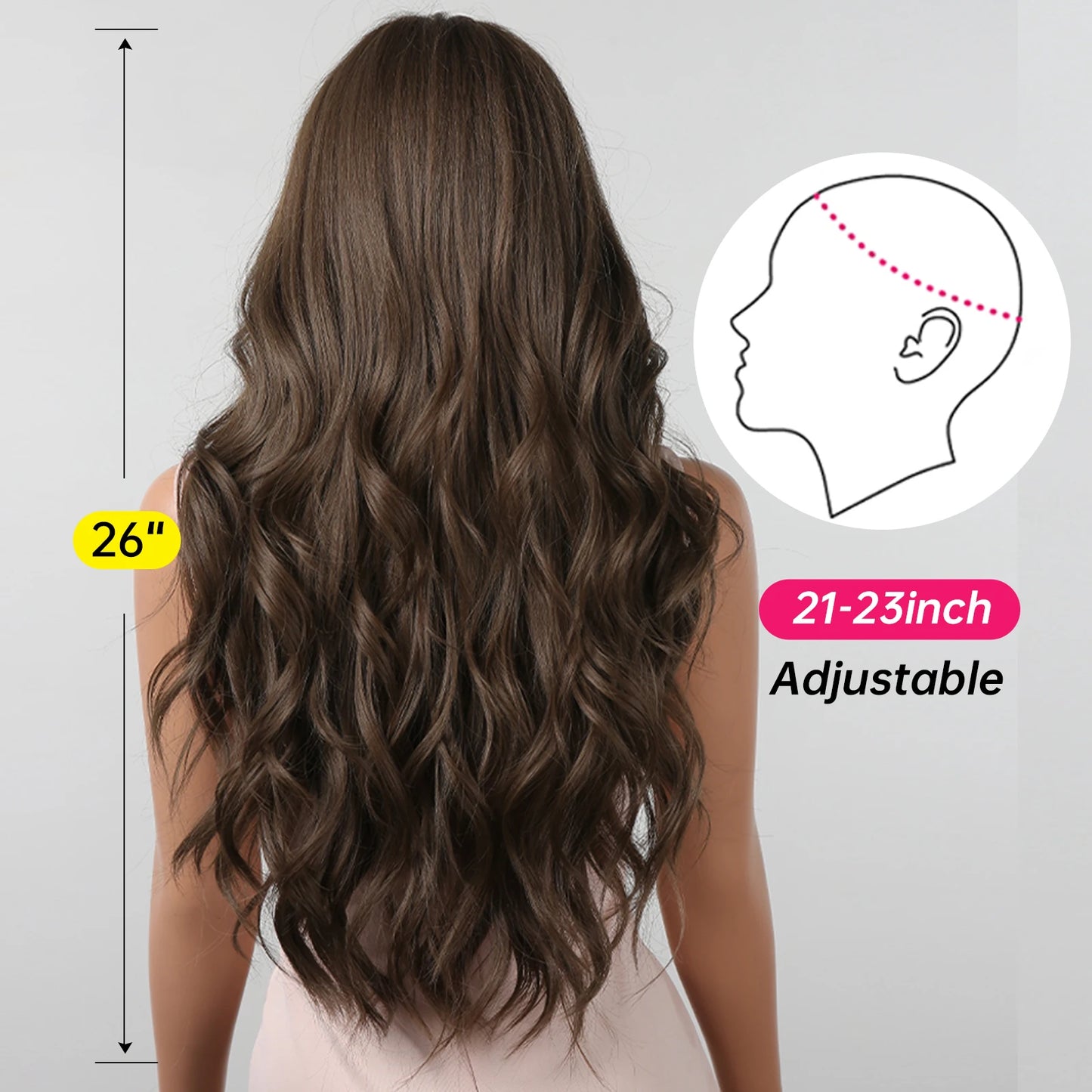 Brown Wavy Long Wig for Women with Bangs — Natural-Look Synthetic Hair, Heat-Resistant for Daily & Cosplay