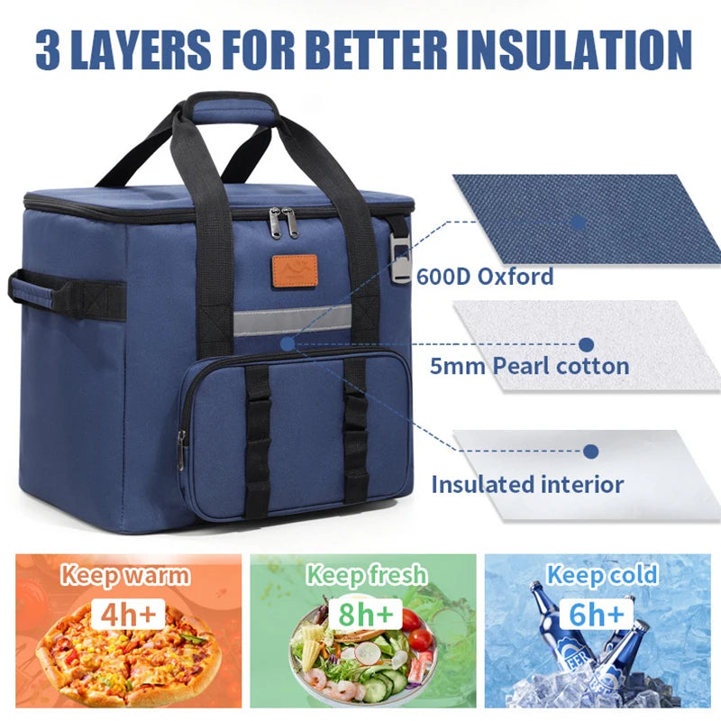 40L Large Thermal Food Carrier Bag – Insulated Leakproof Cooler Tote with Zipper for Women, Portable Picnic, Camping & Beach Use