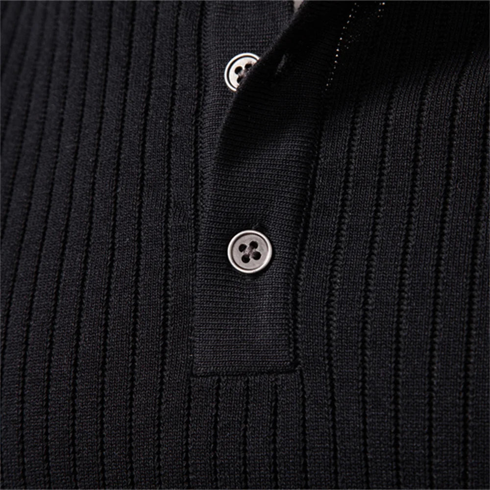 Men's Ribbed Stripe Polo Shirt - Long Sleeve Button Placket Premium Business Casual Top