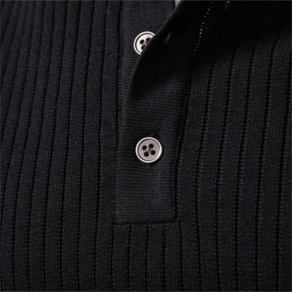 Men's Ribbed Stripe Polo Shirt - Long Sleeve Button Placket Premium Business Casual Top