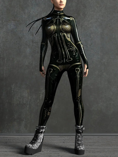 Women's Cyberpunk Mechanical Catsuit - 3D Zipper Cosplay Zentai Bodysuit for Halloween & Costume Parties