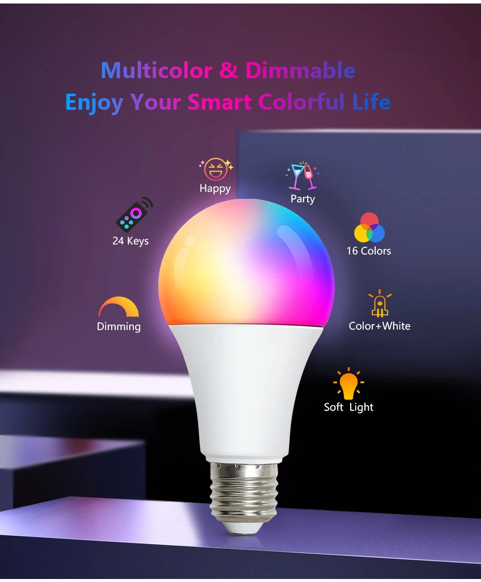 16-Color RGB LED Bulb E27 – Dimmable Multicolor 220V Household Lighting with 24-Key Remote & Neon Atmosphere Light