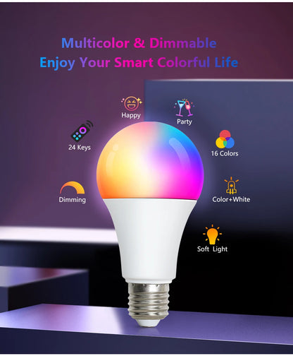 16-Color RGB LED Bulb E27 – Dimmable Multicolor 220V Household Lighting with 24-Key Remote & Neon Atmosphere Light