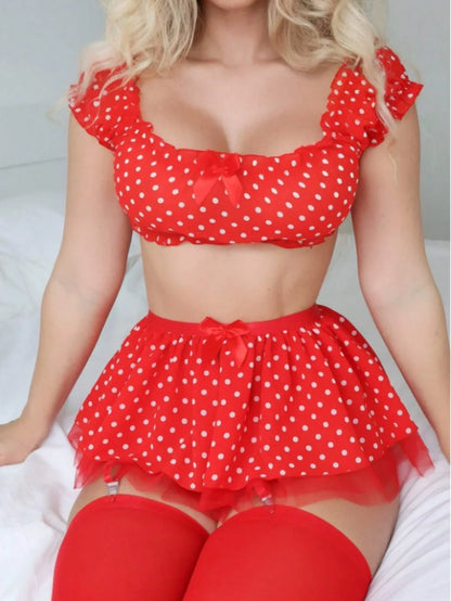 Women’s Polka Dot Tutu Lingerie Set — Sexy Off-the-Shoulder Two-Piece Fashionable Sleepwear