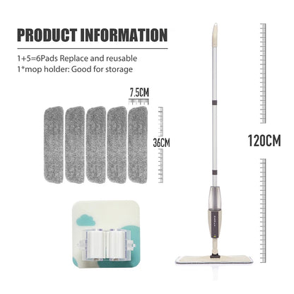 Spray Mop Broom Set — Magic Flat Mop with Rotating Head, Reusable Microfiber Pads for Home Floor Cleaning