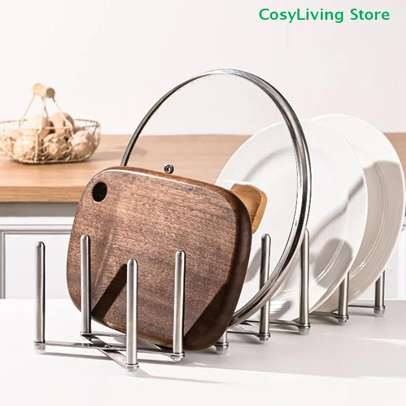 Foldable Stainless Steel Dish & Lid Rack - Retractable Pot Lid Organizer for Kitchen Tableware Storage