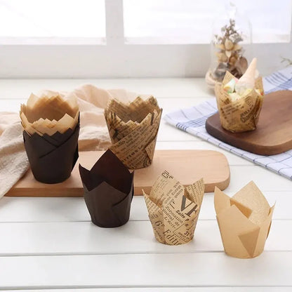 50PCS Tulip Baking Cups – Disposable Oil-Proof Paper Cup Trays for Cakes, Muffins & Bread