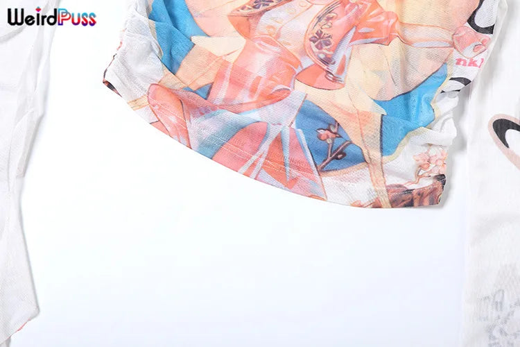 Weird Puss One-Shoulder Crop Top for Women – See-Through Bandage Graphic T-Shirt, Sexy Summer Clubwear 2024