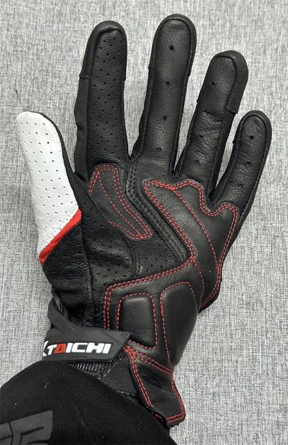 Motorcycle Gloves – Black Racing Genuine Leather, White Road Riding Team Gloves for Men, Summer & Winter with Touch Screen Compatibility