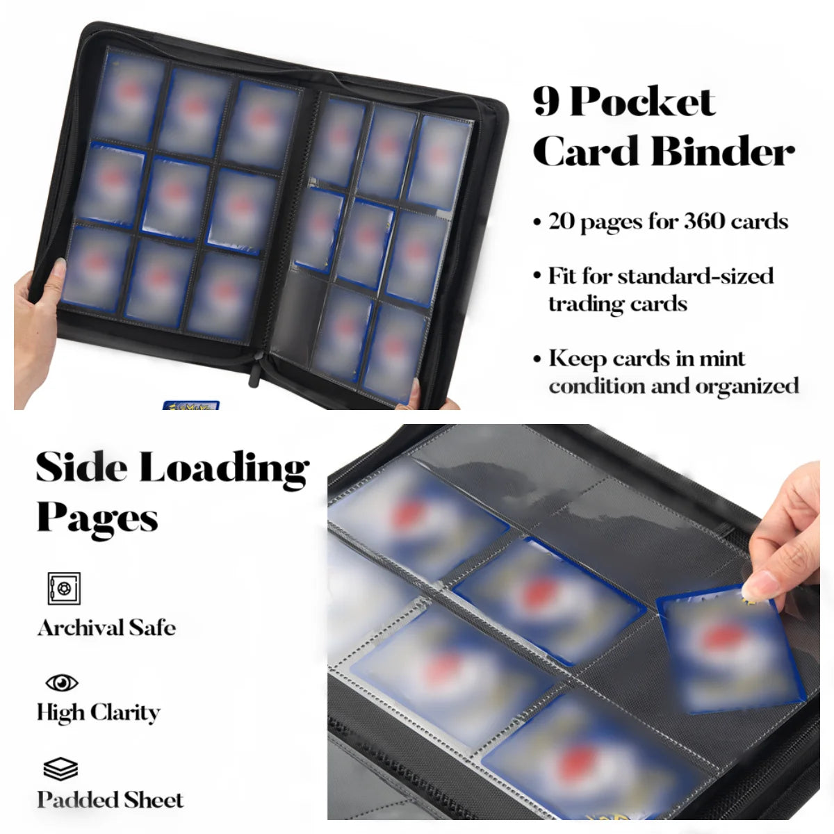 9-Pocket Zipper Card Binder - 360 Trading Card Holder Book, Premium PU Cover, Durable Side Loading Card Binder
