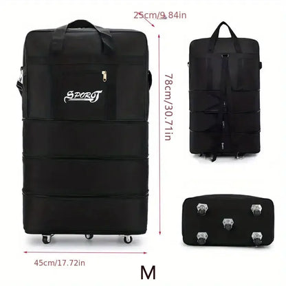 Foldable Trolley Travel Bag with Wheels – Expandable Black Luggage for Men & Women, Ideal for Weekend Trips & Overnight Travel