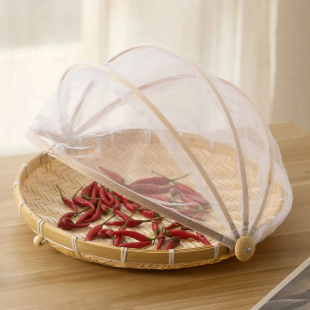 Bamboo Woven Basket with Anti-Mosquito Net – Portable Outdoor Fruit & Vegetable Tray with Mesh Cover