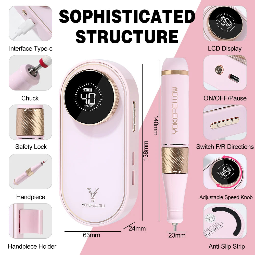 YOKEFELLOW Professional Nail Drill – 40000RPM Rechargeable Electric Nail E-File, Cordless for Acrylic & Gel Nails