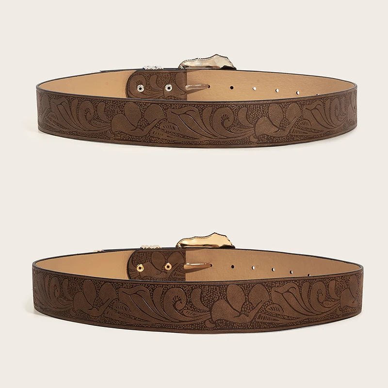 Western Brown PU Leather Vintage Belt for Women — Cowgirl Waist Belt with Metal Carved Buckle, 3-Set Designer Belts for Jeans