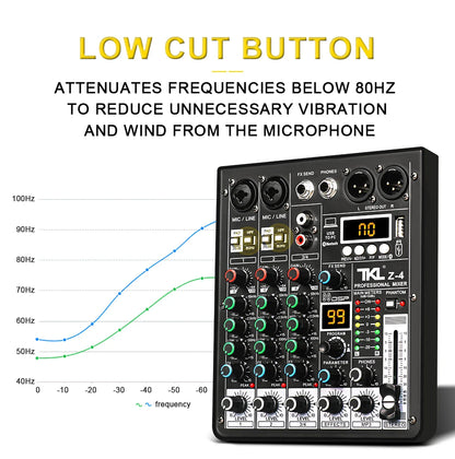 TKL 4 Channel DSP Audio Mixer – 99 Effects, 48V Phantom Power, USB, Bluetooth DJ Console for Karaoke and Studio Sound