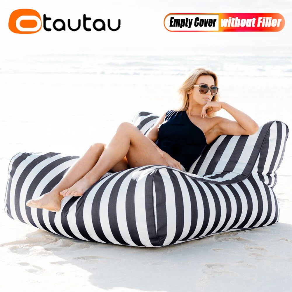 OTAUTAU Outdoor Striped Bean Bag Pouf Cover – No Filler Floating Sofa Bed for Pool, Beach & Garden Lounge