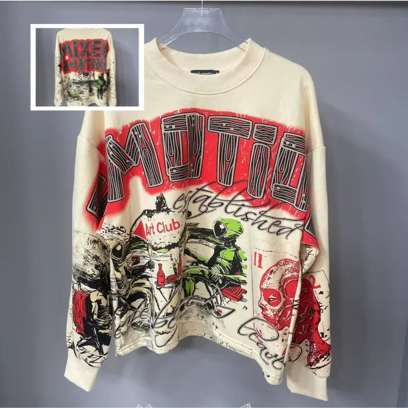 MIXED EMOTION Alien Print Long Sleeve T-Shirt - Unisex Oversized Hip Hop Crewneck Top