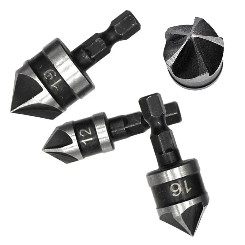 3PCS Hex Shank 90° Chamfer Drill Bit Set – 5-Blade Countersink Tool Kit 12/16/19mm for Woodworking Hole Opening