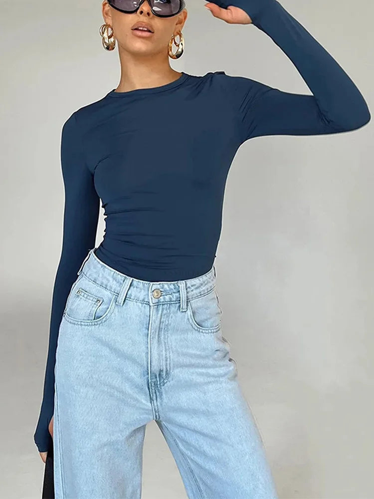 Women’s Slim Fit Long Sleeve Crop Top – Crew Neck Thumb Hole T-Shirt, Solid Streetwear Basic Summer Camis Top