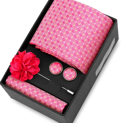 Elegant Men’s Necktie Gift Set - Fashion Tie with Handkerchief, Cufflinks & Brooch Pin Accessories for Business & Wedding