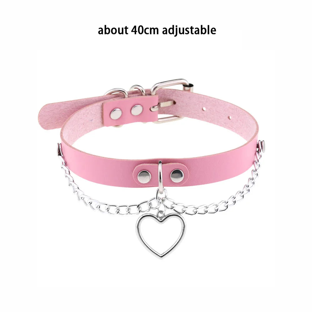Pink Gothic Collar Necklace – Trendy Rock Leather Heart with Rivets, Harajuku Punk Choker Jewelry for Women, Gift Idea